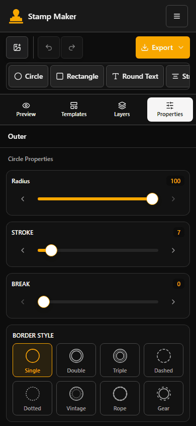 The mobile Stamp Maker editor showing its four panel buttons and circle properties
