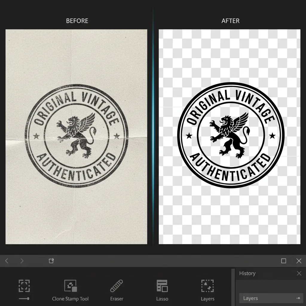 Workflow view showing old stamp repair and extraction