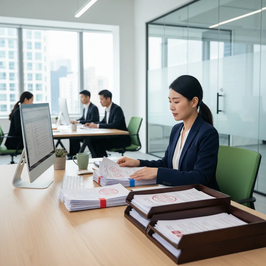 Administrative staff creating official stamps for document processing