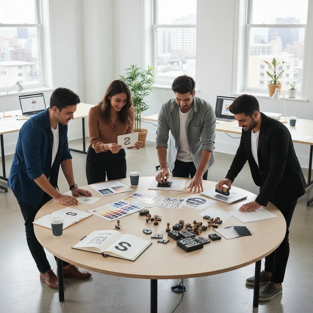 Startup team establishing professional branding with custom stamps
